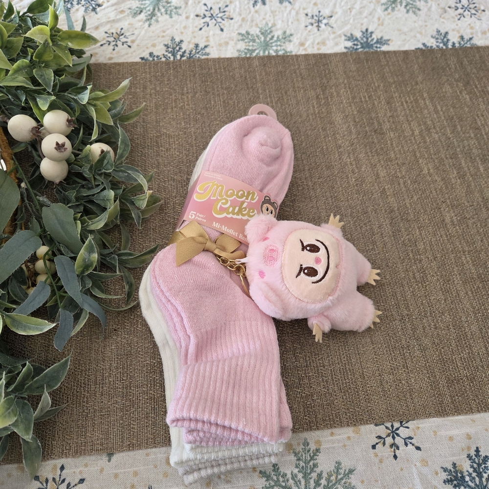 Moon Cakes Pink Women's Socks with Plush Keychain